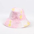 Vue détaillée du chapeau bob tie-dye rose et jaune en toile de coton de haute qualité - Rose Jaune
