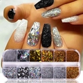 Dettaglio set glitter per unghie a 12 scomparti con paillettes miste e manicure - Set di Paillettes Multicolore a 12 Griglie (Oro Argento T)