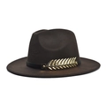 Detail of dark brown wool fedora hat with black decorative band and golden feather pin - Adult 56-60cm / Coffee