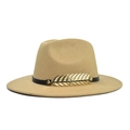 Macro detail of camel wool fedora hat featuring a gold leaf metal buckle and black band - Adult 56-60cm / Khaki
