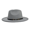 Detailed view of grey wool felt fedora with black leather band and gold horse-bit buckle - Adult 56-60cm / Gray