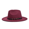 Classic burgundy flat brim wool fedora hat with stylish black leather belt and gold buckle - Adult 56-60cm / Burgundy