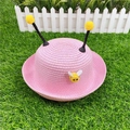 Cappello di paglia rosa per bambini con graziosa toppa a ape e pompon gialli morbidi - S(50-52cm) / Rosa brillante