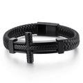 Bracciale da uomo in pelle nera intrecciata con croce in metallo opaco e chiusura magnetica - 19cm / Nero