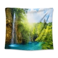 Bohemian tapestry featuring a lush forest waterfall landscape on soft polyester fabric - Morning Sun in the Forest (GT110056) / 73X95CM/Brushed Fabric