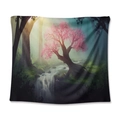 Bohemian tapestry featuring a pink blooming tree and waterfall in a mystical forest landscape - Pink Cherry Blossom(GT110059) / 73X95CM/Brushed Fabric