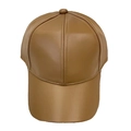 Classic brown faux leather baseball cap with a curved brim and a six-panel stitch design - Adjustable / Khaki