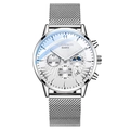 Men's quartz watch with silver mesh band, white sunray dial, and date display feature - Silver Case White Dial Hidden Buckle