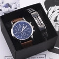 Men's blue glass dial watch and black bracelet set in a professional gift box - Black Dial Brown Strap + Bracelet + Box