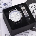 Men's fashion gift set with quartz wrist watch and black rubber metal bracelet - White Dial Black Strap + Bracelet + Box