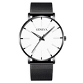 Reloj de negocios Geneva con correa de malla negra y esfera blanca minimalista - Caja Negra Esfera Blanca Aguja Negra Correa Malla Negra