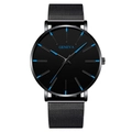 Reloj minimalista para hombre con correa de malla negra y detalles azules en la esfera Geneva - Caja Negra Esfera Negra Aguja Azul Correa Malla Negra