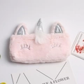 Pink plush unicorn pencil case with silver horn and soft rainbow fur for school girls - Pink and White
