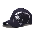 Detail of navy cotton baseball cap featuring white skull skeleton embroidery on the side - Adjustable / Left Side Embroidery Navy Blue