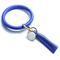 Detail of blue leather O-ring keychain with golden clasp and long stylish tassel - Sapphire Blue