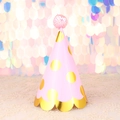 Pink birthday party hat with golden polka dots and matching pink sequin ball on top - Pink Gold Polka Dot Wavy Sequin Ball Hat