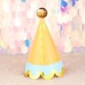 Blue and yellow birthday party hat with golden Happy text and sparkling gold pompom - Yellow Color Blocking Happy Sequin Ball Hat