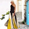 Slim fit color-block pleated maxi dress with one-shoulder design in black and yellow - S / Black Yellow