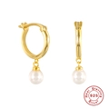 Classic S925 sterling silver hoop earrings with white freshwater pearls in golden finish - Minimalist Hoop Pearl Earrings / Gold