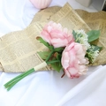 Pink peony bridal bouquet with white small accents on vintage newsprint and silk fabric - Lotus root pink