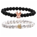 White turquoise and matte black beaded crown bracelets set with zircon inlays - White Turquoise Crown Matte Black Rose Gold Crown (Set of 2)