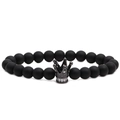 Bracelet en perles de pierre noire mate avec charm couronne en métal et zircons brillants - Noir Mat Couronne Noir Fusil