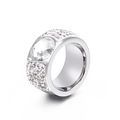 Luxurious silver-tone wide band ring with large round main stone and pavé set small diamonds - Silver Clear Round Zirconia Style (KR32066-K)