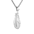 Detailed view of a silver stainless steel feather pendant necklace on a white background - Plain / Steel