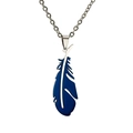 Detail view of a stainless steel necklace featuring a blue angel feather pendant on a white base - Plain / Blue