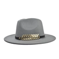 Detail view of grey wool felt fedora featuring black band and golden metal leaf accent - Adult 56-60cm / Gray