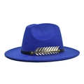 Close-up of royal blue wool fedora with black leather band and gold feather detail - Adult 56-60cm / Sapphire Blue