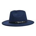 Detail of navy blue wool fedora hat featuring a black leather belt with silver buckle - Adult 56-60cm / Navy Blue
