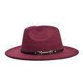 Classic burgundy flat-brim wool fedora hat with a stylish black leather belt and metal buckle - Adult 56-60cm / Burgundy