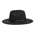 Classic black flat brim wool fedora hat with elegant gold buckle leather belt strap - Adult 56-60cm / Black