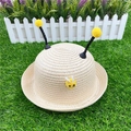 Kids cute bee straw sun hat in beige woven texture with 3D plush bumblebee detail - S(50-52cm) / Beige