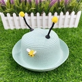 Kids light green straw sun hat featuring cute bee decoration and playful pom-poms - S(50-52cm) / Light Green