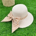 Beige straw sun hat with orange gingham bow on green lawn for summer beach vacation - M (56-58cm) / Light Pink