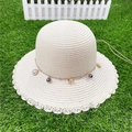 Beige wide brim straw sun hat with lace wavy edges and black beaded decorative cord - M (56-58cm) / Milk White Cloche Style