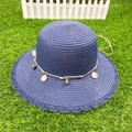 Dark blue wide brim straw hat with scalloped edges and pearl bead decoration - M (56-58cm) / Navy Blue Cloche Style