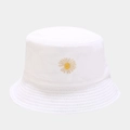 Close-up of small daisy embroidery and reinforced stitching on a white cotton bucket hat - M (56-58cm) / Black and White Reversible