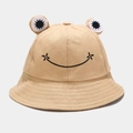 Dettaglio cappello alla pescatora in cotone kaki con occhi 3D e sorriso ricamato - Bambini 52cm / Cachi