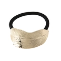 Detailed close-up of a golden metal leaf ornament on a black elastic hair tie for women - Gold