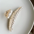 Transparent acrylic hair claw clip with elegant white pearl accents on white ceramic plate - Pearl Claw Clip (9.5cm)