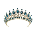 Golden baroque bridal crown with deep blue teardrop gems and sparkling rhinestones - KC Gold With Peacock Blue