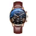 Heren quartz horloge met bruine leren band roségouden kast en blauwe multifunctionele wijzerplaat - Roségouden Kast Zwarte Wijzerplaat Bruine PU-band