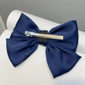 Marineblauer Satin-Haarclip mit Schleife und sicherem silbernem Entenschnabelclip - Dunkelblauer Entenschnabel-Clip