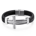 Bracciale punk da uomo in pelle nera intrecciata con pendente a croce in argento - 19cm / Argento