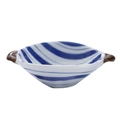 White ceramic snack bowl with blue wave patterns and brown handles on both sides - Blue Lines