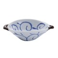 Ceramic dip bowl with double handles featuring blue spiral pattern and brown grips - Blue Interlinked Pattern