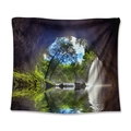 Bohemian forest waterfall cave landscape tapestry with vibrant green and blue nature scenery - View from Inside the Cave (GT110048) / 73X95CM/Brushed Fabric